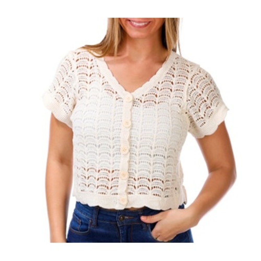 Good Luck Gem Crochet Cardigan Medium Cream Pointelle Cotton Knit Top Cottage